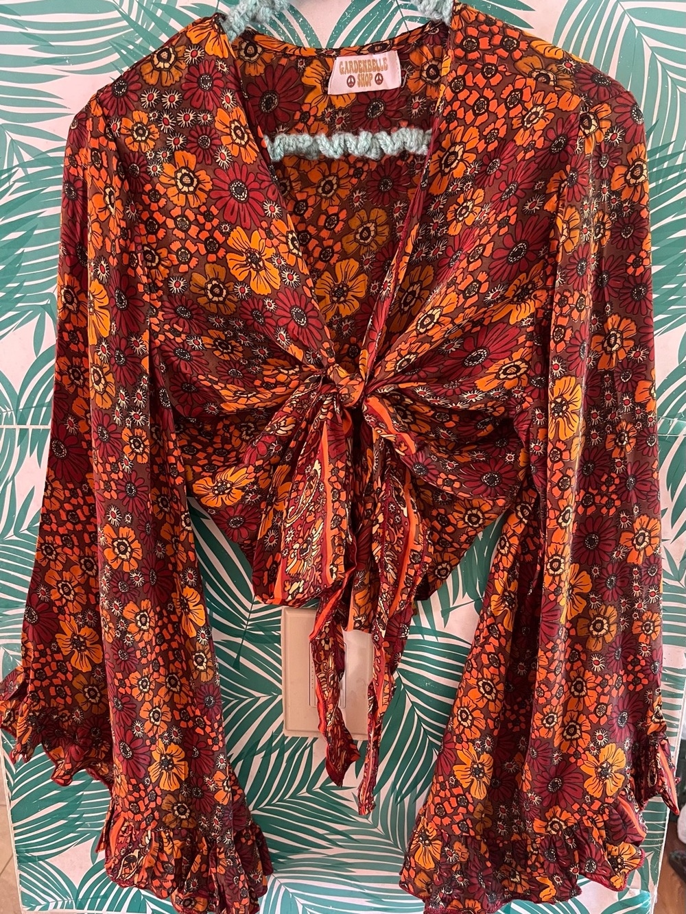 GardenBelle Rust Multi Floral Tie-Front Crop Top regular sz silk blend